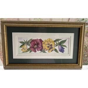 Vintage Jill Stier Watercolor Floral Art Painting 3x Mat Gold Framed Pansies